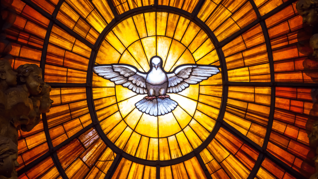 Stained glass window depicting a white dove with outstretched wings, symbolizing the Holy Spirit.