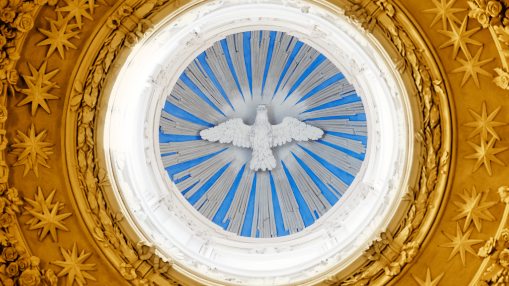 White dove with rays of light in a church dome, symbolizing the Holy Spirit.