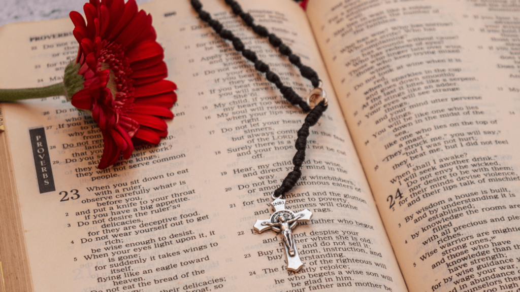 Rosary laid on an open Bible with a red flower.