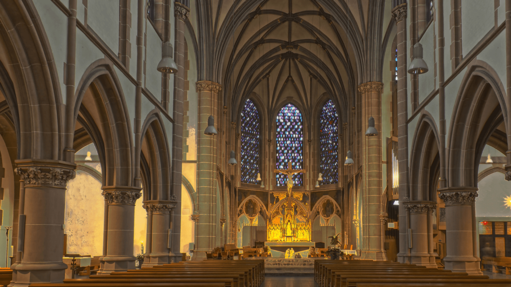 a catholic church with a crucifix symbol