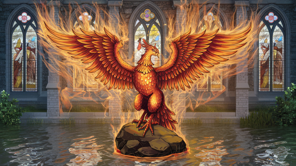 A depiction of a Catholic phoenix with wings spread wide, surrounded by burning flames. The phoenix is perched on a rock in the center of a lake. The background contains a gothic cathedral with stained glass windows.