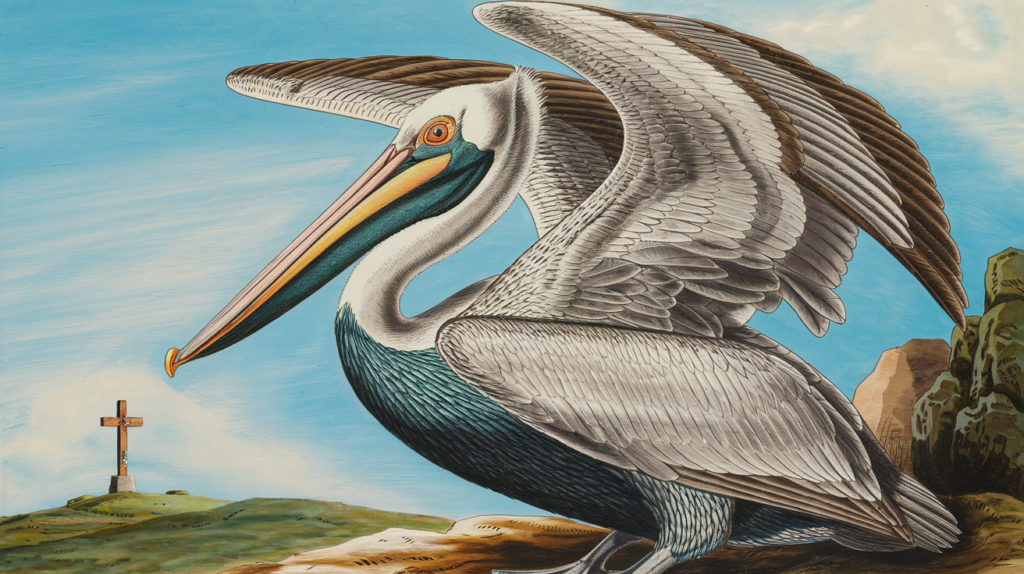 A detailed drawing of a pelican with its wings spread wide. The pelican has a grey body, orange eyes, and a yellow beak. The pelican is standing on a rocky terrain. In the background, there's a cross on a hill. The sky is clear with a few clouds.