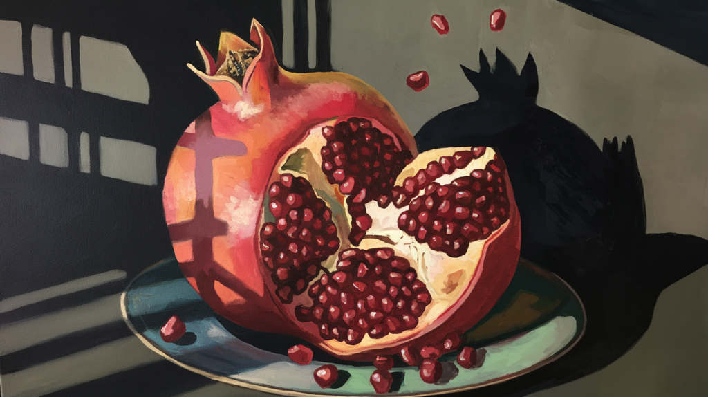 A painting of a pomegranate with seeds bursting out of it. The pomegranate is on a plate. The background is a dark colour. There are shadows of the pomegranate on the wall behind it.