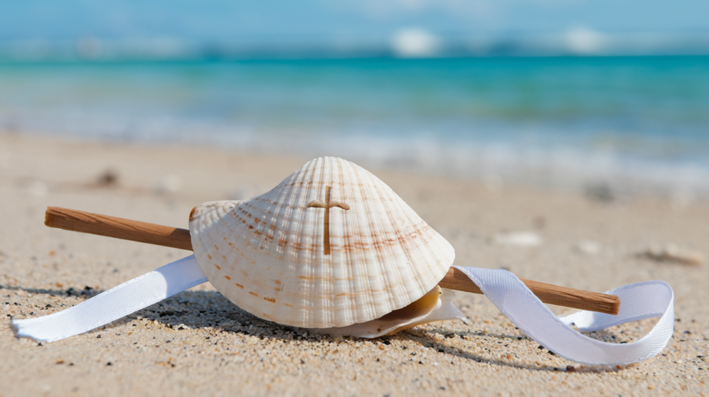 A photo of a seashell with a small cross engraved on it. The shell is placed on a wooden stick. There's a white ribbon tied around the stick. The background is a serene beach with soft sand and clear blue water.