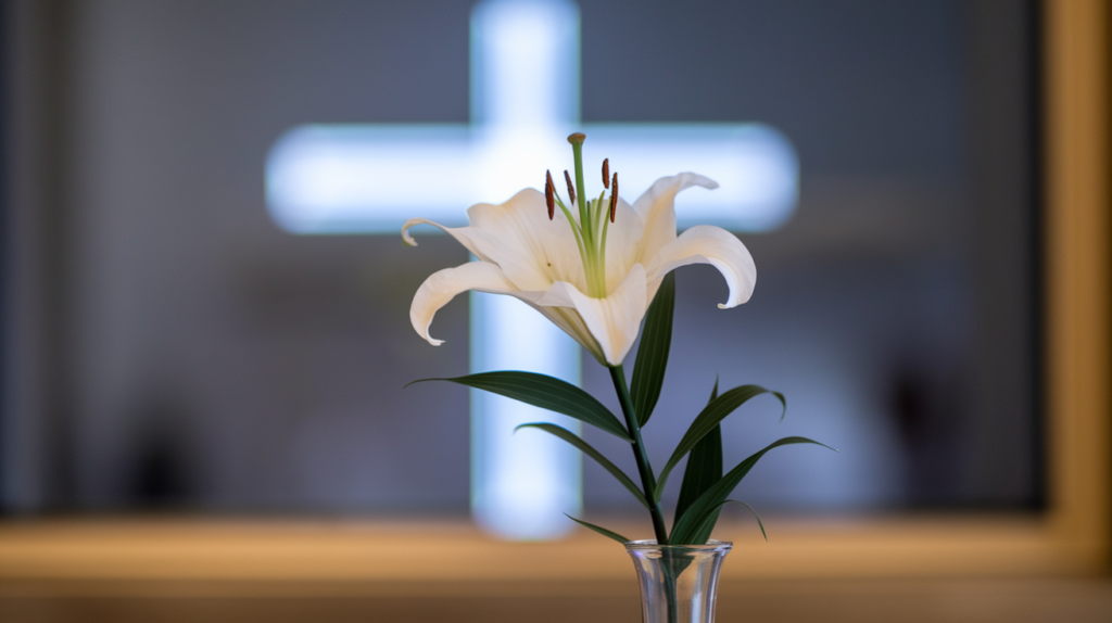 A photo of a white lily flower standing tall in a vase. The vase is placed on a wooden surface. The background is blurred, revealing a window with a cross.