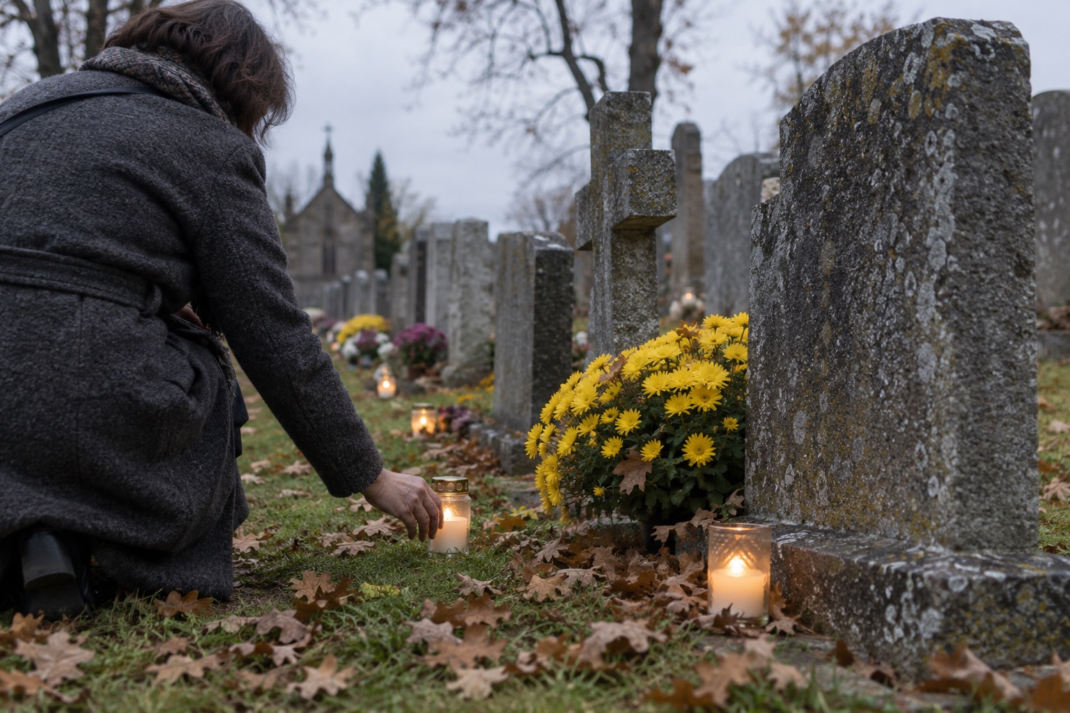 Votive candles and chrysanthemums at weathered headstones in a cemetery on a gray November afternoon