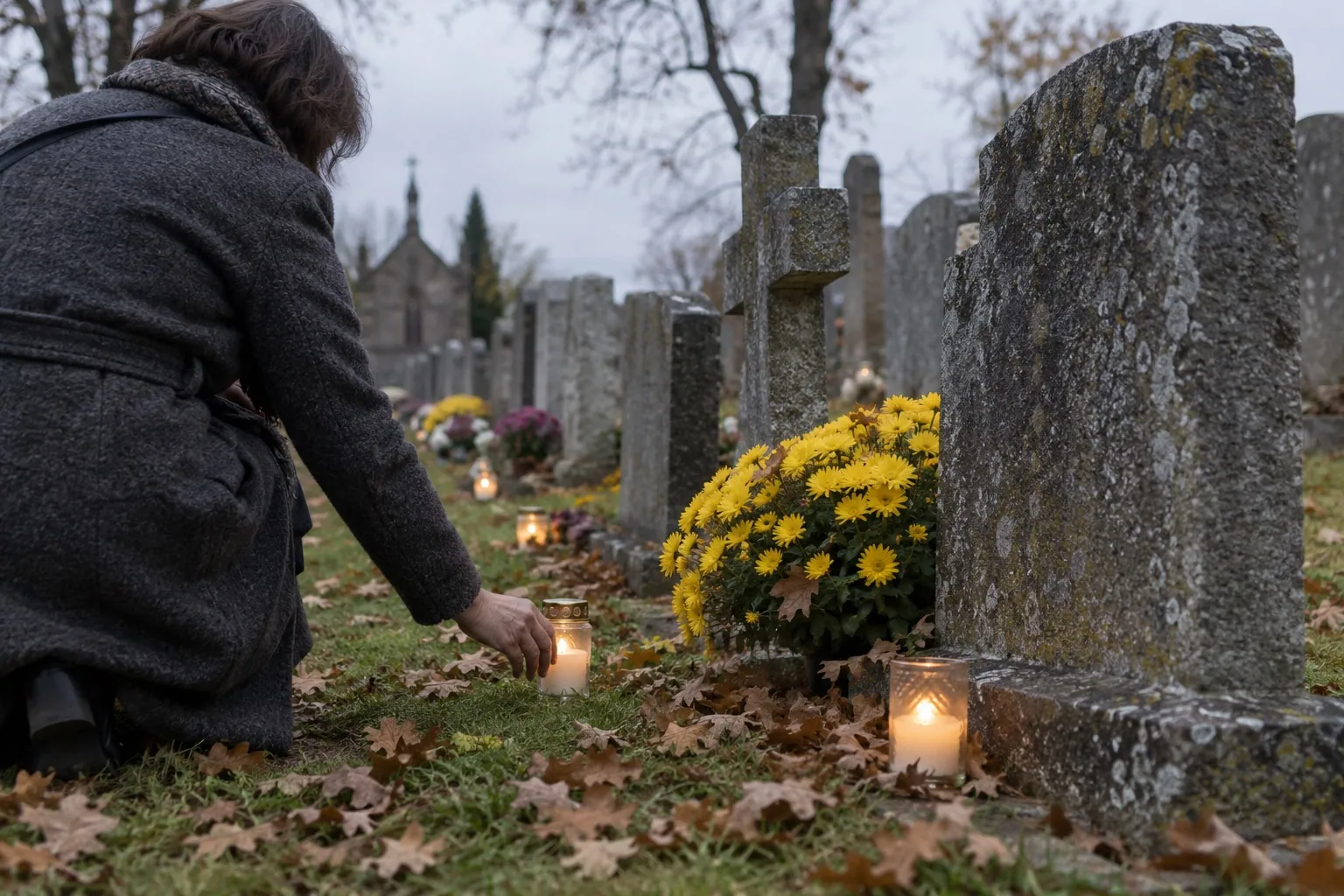 Votive candles and chrysanthemums at weathered headstones in a cemetery on a gray November afternoon
