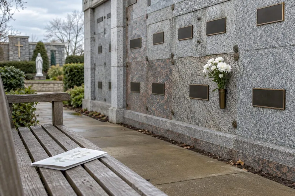 A granite columbarium wall with small niches and a bunch of white carnations in a Catholic cemetery