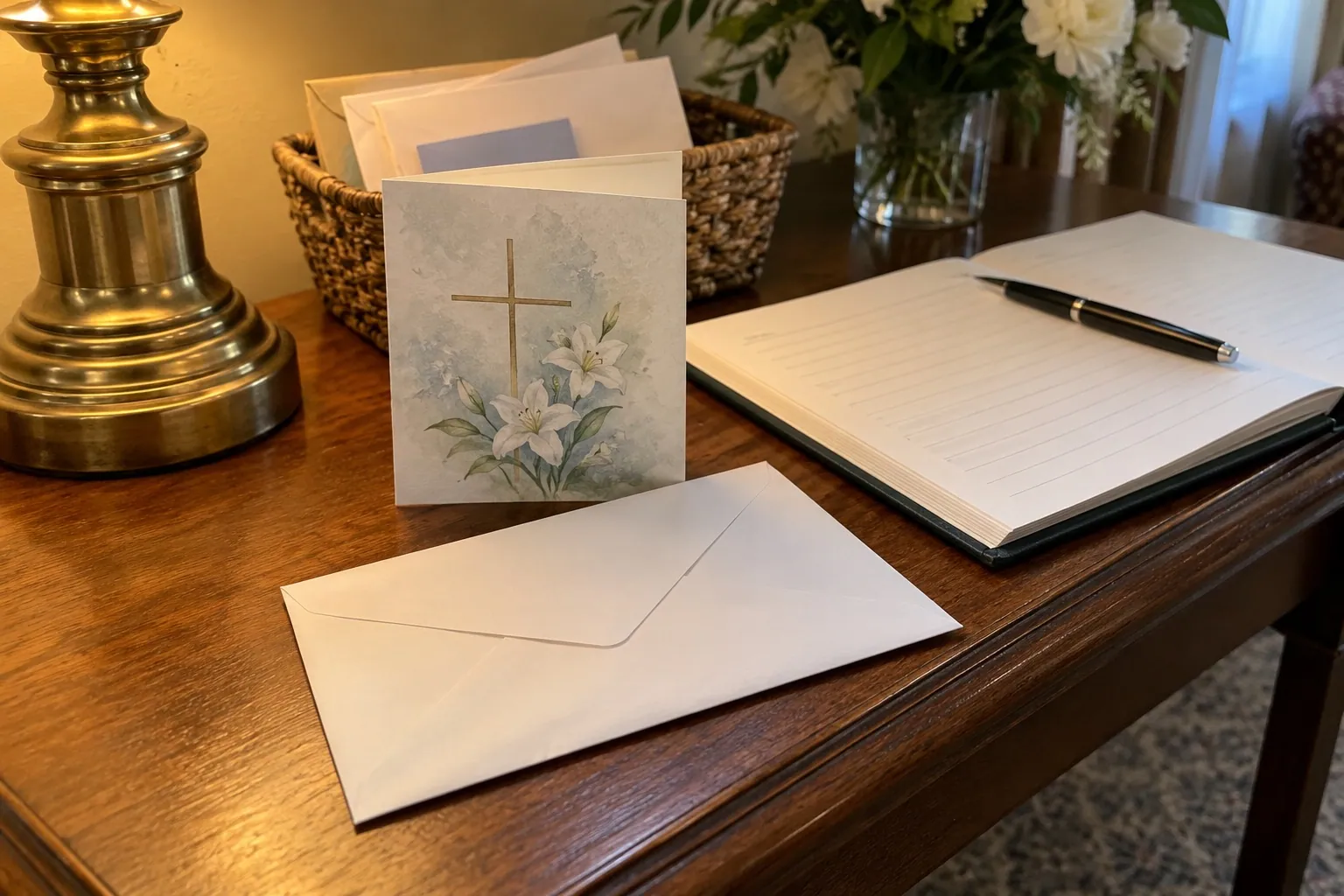 Sympathy card envelopes and a folded Mass card in a basket beside a guest book at a funeral home visitation