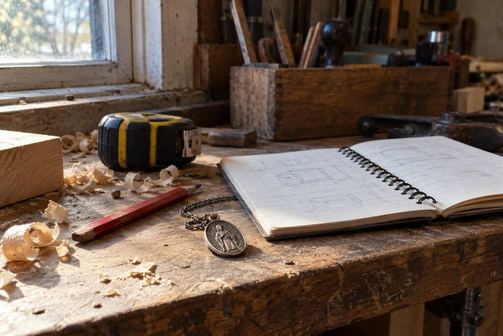 A small saint medal resting on a worn workbench beside a tape measure, pencil and notebook in window light